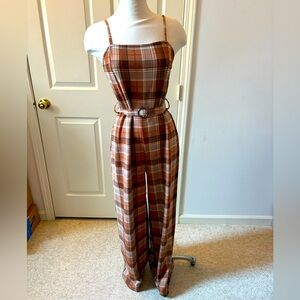 Stylish Plaid Jumpsuit in Brown Sz L